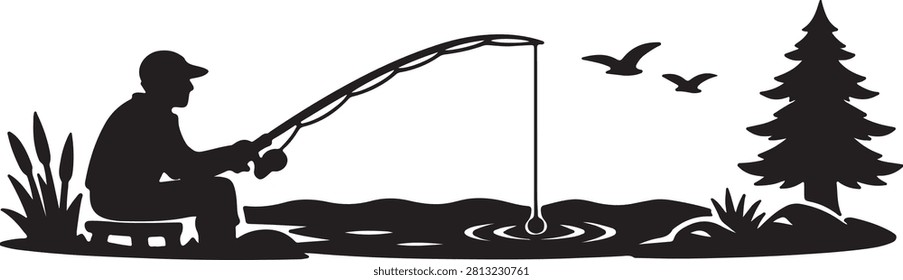 Fishing silhouette vector illustration featuring an angler in a small boat catching fish on a peaceful lake. Minimal black silhouette design with water ripples, trees, clouds, and outdoor nature scenery. Ideal for fishing clubs, outdoor adventure brands, camping projects, sport fishing promotions, apparel, stickers, logos, and recreational graphics.