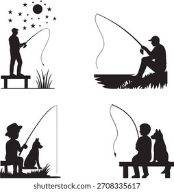 Vector de la silueta de la pesca Escenas del pescador con las cañas de pescar y los pescados