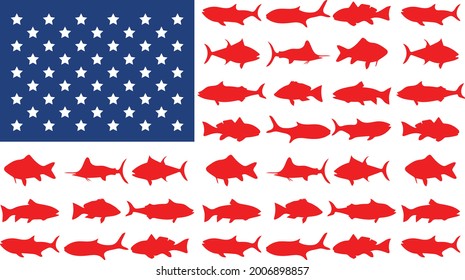 Fishing. Silhouettes of fish. Red silhouette. USA flag.