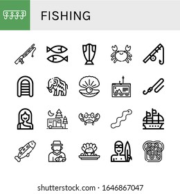 fishing simple icons set. Contains such icons as Hooks, Fishing rod, Sardines, Cod, Crab, Inflatable boat, Mammoth, Oyster, Phishing, Troglodyte, can be used for web, mobile and logo