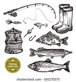 Fishing Sketch Set Isolated Vector Illustration