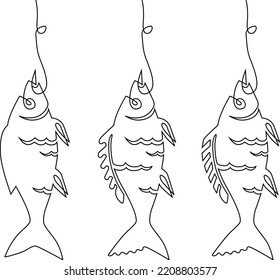 Fishing. Small fish that has swallowed the bait on the hook. Catch. Continuous line drawing. Vector illustration.
