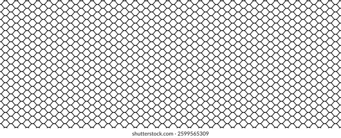 Fishing or soccer net pattern. Black mesh texture isolated on white background. Metallic fence, cage or lattice structure. Abstract geometric minimalistic print. Vector graphic Illustration.