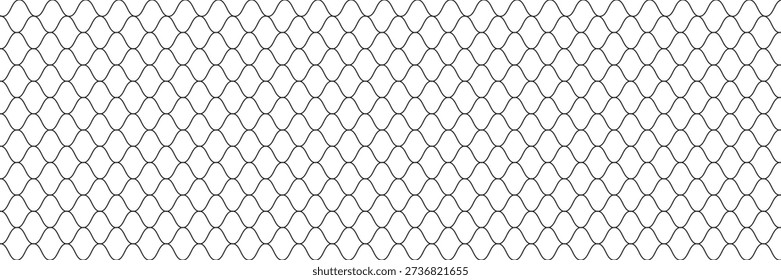 Fishing or soccer net. Repeated hexagon pattern. Black wired mesh texture isolated on white background. Metallic or fabric fence, cage or lattice structure. Vector graphic Illustration.