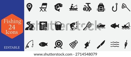 Fishing Solid Icon Set. Containing rod, reel, fish, hook, boat, and tackle symbols. Editable vector icon for outdoor sports apps, hobby guides, and marine tourism marketing.