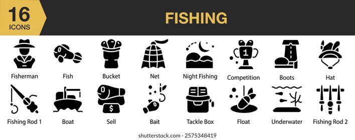 Fishing solid icon set. Includes fishing, hobby, fisherman, fish, lake, water, and More. Solid icons vector collection.