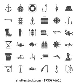 Fishing Solid Web Icons. Vector Set of Fisherman Glyphs.