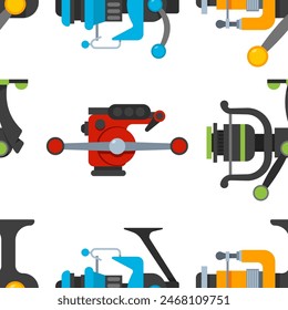 Fishing spinning reels vector cartoon seamless pattern.