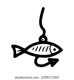 Cuchara de pesca con ganchos. Vector de doodle dibujado a mano. Equipo de varilla giratoria. Wobbler, señuelo. Peces artificiales. Pesca de mariscos. Lago de camping. Aparejos de pesca. Ilustración de arte de línea.