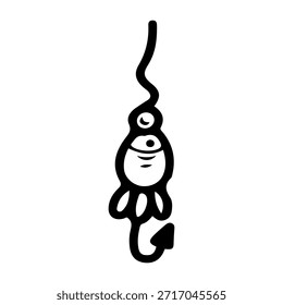 Fishing spoon with hooks. Hand drawn doodle vector. Spinning rod equipment. Wobbler, lure. Artificial fish. Seafood catch. Lake camping. Fishery tackle. Line art illustration.