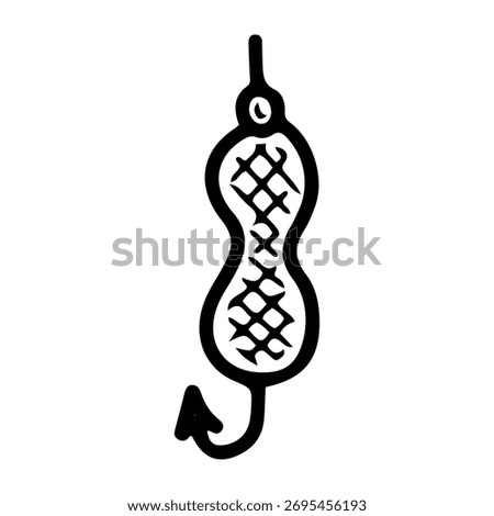 Fishing spoon with hooks. Hand drawn doodle vector. Spinning rod equipment. Wobbler, lure. Artificial fish. Seafood catch. Lake camping. Fishery tackle. Line art illustration.