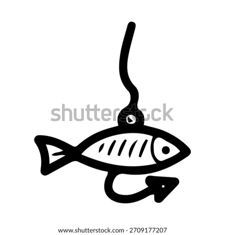 Fishing spoon with hooks. Hand drawn doodle vector. Spinning rod equipment. Wobbler, lure. Artificial fish. Seafood catch. Lake camping. Fishery tackle. Line art illustration.