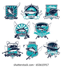 Fishing sport badge set. Bass, trout, salmon, tuna, perch and flounder fishing symbol of fish with fishing rod and hook on heraldic shield with ribbon banner for fishermen club or tournament design