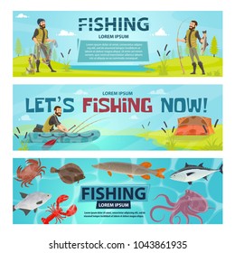 Fishing sport banners design of fisherman on fishing with rod in inflatable boat. Vector flat design of fisher tackles, baits and fish or seafood catch of lobster, flounder or trout and octopus