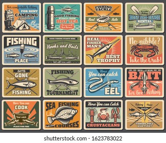 Fishing sport, camping and tourism retro metal signs. Vector fishery equipment, fish and camp tent, flounder and cooking cauldron. Boat crossed paddles, eel and salmon, hooks and baits, rods