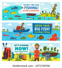 Fishing sport, catch fish and fisherman equipment vector banners. Fisher and angler, fishing rod, net and boat, river carp, hook and tackle, blue marlin, salmon and trout, boots, backpack and bucket