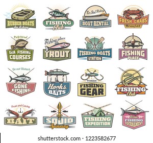 Fishing sport club and fishery vector icons. Rubber boat and rod, crab and trout, hook and paddle. Bait and herring, eel and prawn, squid and camping tent, expedition and tournament symbols