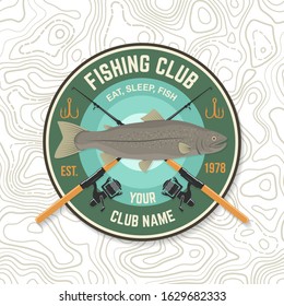 Fishing sport club patch. Vector illustration. Concept for shirt or logo, print, stamp, tee, sticker, patch. Vintage typography design with fish rod and rainbow trout silhouette.