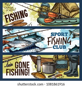 Fishing sport club sketch banner set with fisherman tackle, equipment and fish catch. Sea and river fish, fishing rod, boat and boots, seafood salmon, shrimp and tuna, bait and lure for fishing design