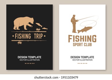 Fishing sport club. Vector illustration Flyer, brochure, banner, poster design with bear, fisherman and rainbow trout silhouette. Outdoor adventure fishing club emblem