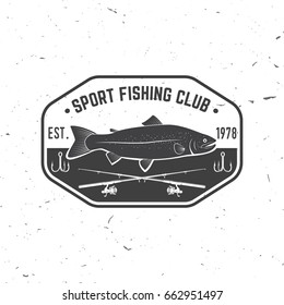 Fishing sport club. Vector illustration. Concept for shirt or logo, print, stamp or tee. Vintage typography design with fish rod and rainbow trout silhouette.