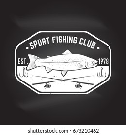 Fishing sport club. Vector illustration. Concept for shirt or logo, print, stamp or tee. Vintage typography design with fish rod and rainbow trout silhouette.