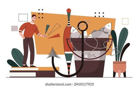Fishing sport concept. Man with fishing rod near basket. Active lifestyle and leisure, sport. Fisherman with equipment. Cartoon flat vector illustration isolated on white background
