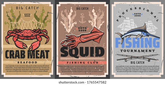 Fishing sport for crab, squid and marlin fish, big catch tournament vector retro vintage posters. Professional fishing, fishery rods and ship net for crabs, squids and ocean marlin