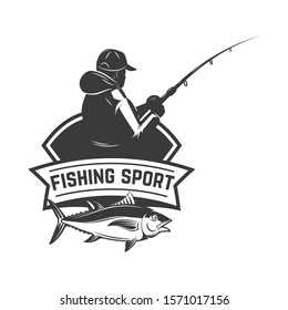 Fishing sport. Emblem template with fisherman and tuna fish. Design element for logo, label, sign, poster. Vector illustration