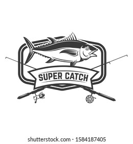 Fishing sport. Emblem template with fisherman and tuna fish. Design element for logo, label, sign, poster. Vector illustration