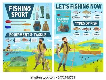 Fishing sport equipment, fish catch and fisherman tackle vector posters. Cartoon fisher and angler fishing with boat, net and rod, salmon, blue marlin and perch, hook, bait and lure, camp tent, paddle