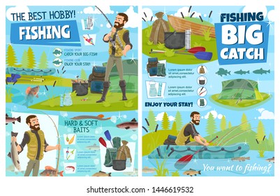 Fishing sport equipment, fisherman baits and tackle vector design. Fisher or angler with fishing rod, boat and fish catch, hook and lure, salmon, cod and perch, carp, trout and pike, tent and backpack