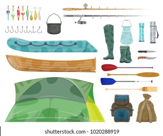 Fishing sport equipment and gear icon. Fishing rod, hook, bait and boat, fisherman tackle, reel, lure and net, boot, knife, tent and backpack cartoon symbol for hobby and recreation activity design