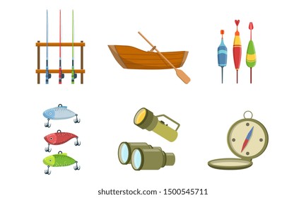 Equipo Deportivo Pesquero, Arco Pesquero, Barco De Madera, Caballo, brújula, linterna, Ilustración Vector Binocular