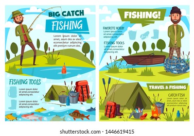Fishing sport fish, fisherman tackle, gears and tourism equipment vector design. Cartoon fishers with fishing rod, boat and net, hook, lure and reel, carp, perch and cod, camp tent, boots, bucket