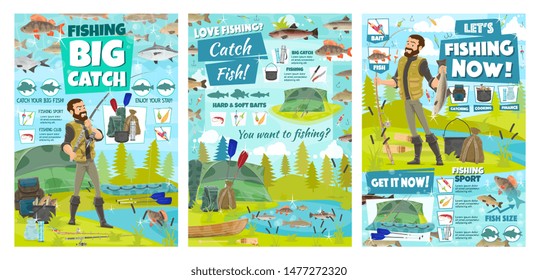 Fishing sport, fisherman tackle and tourism equipment vector posters. Fisherman and angler, fish catch and fishing boat, rod, hook and bait, tuna, salmon and perch, tent, knife and paddles