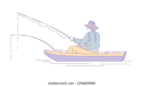 Fishing sport or hobby fisherman in boat with rods vector man in hat holding spinning catching fish in river or lake outdoor activity or pastime fishery equipment angling isolated male character.