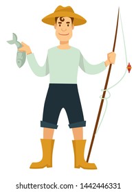 Fishing sport and hobby fisherman with rod and fish in hat and rubber boots vector isolated male character line and bait fishery equipment catch crucian or carp summer outdoor activity or pastime.