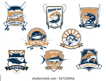 Fishing sport and industry icons. Sea bluefin and tuna symbol, freshwater finfish sign, river luce or pike and spinning with bait bait and bobbin. Fisherman club equipment, sport club, fishery theme.