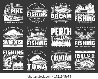 Fishing sport leisure, fish hooks and lure rods vector icons. Fishing club big fish catch tournament for tuna and crucian, pike and flounder, perch, sea mackerel and swordfish, baits and tackles store