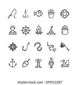 Fishing Sport And Leisure Icon Thin Line Set Equipment Hobby. Vector Illustration