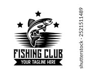 Fishing sport logo emblem template vector isolated. Fishing club logo vector. Fishing retro logo emblem isolated. Monochrome label logo for Fisher sport.