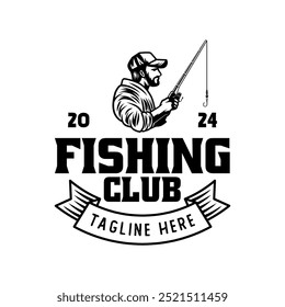 Fishing sport logo emblem template vector isolated. Fishing club logo vector. Fishing retro logo emblem isolated. Monochrome label logo for Fisher sport.