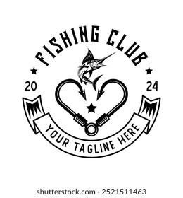Vector de Plantilla del emblema del logotipo del deporte de la pesca aislado. Vector del logotipo del club de pesca. Emblema retro del logotipo de la pesca aislado. Logotipo de etiqueta monocromo para Fisher sport.