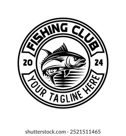Fishing sport logo emblem template vector isolated. Fishing club logo vector. Fishing retro logo emblem isolated. Monochrome label logo for Fisher sport.