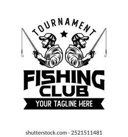 Fishing sport logo emblem template vector isolated. Fishing club logo vector. Fishing retro logo emblem isolated. Monochrome label logo for Fisher sport.