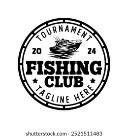 Vector de Plantilla del emblema del logotipo del deporte de la pesca aislado. Vector del logotipo del club de pesca. Emblema retro del logotipo de la pesca aislado. Logotipo de etiqueta monocromo para Fisher sport.