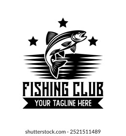 Fishing sport logo emblem template vector isolated. Fishing club logo vector. Fishing retro logo emblem isolated. Monochrome label logo for Fisher sport.