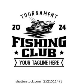 Fishing sport logo emblem template vector isolated. Fishing club logo vector. Fishing retro logo emblem isolated. Monochrome label logo for Fisher sport.