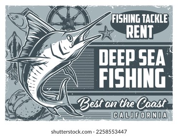 Fishing sport monochrome vintage poster with marlin fish and other marine animals for shop selling fishing tackle vector illustration